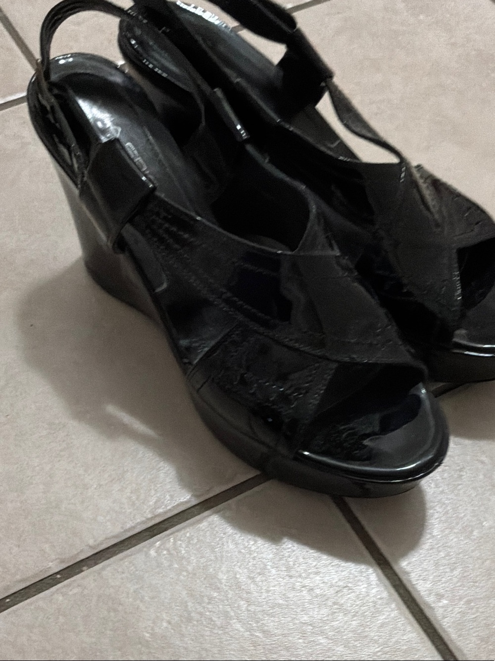Via Spiga Black Patent Leather Wedge Sandals